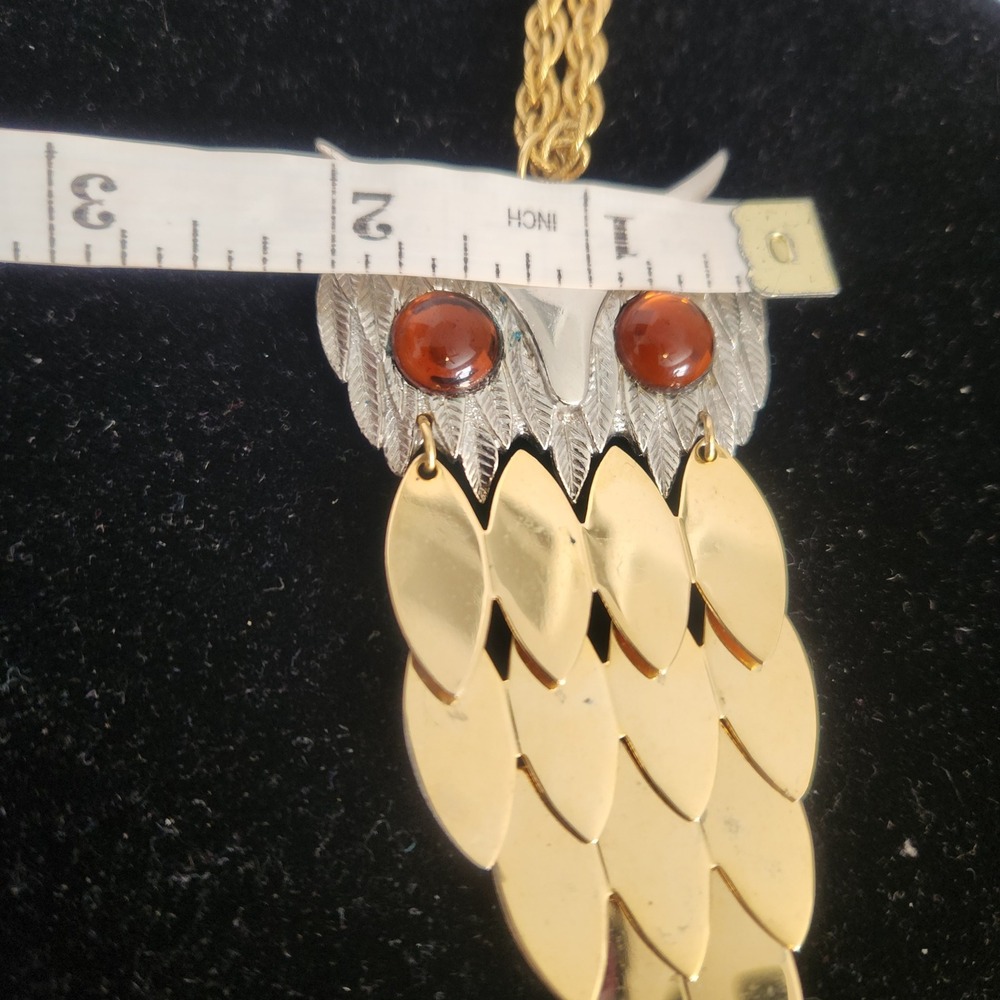 Vintage Articulated Owl Pendant Necklace Gold Silver Tone Amber Eyes Boho large - Picture 10 of 13